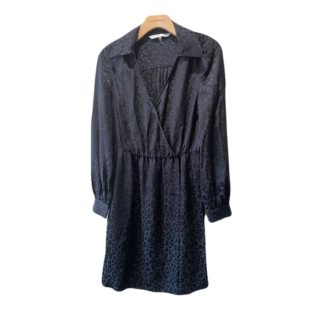 Trina Turk Animal Print Black Silk Wrap Dress Knee Length Long Sleeve Size 2